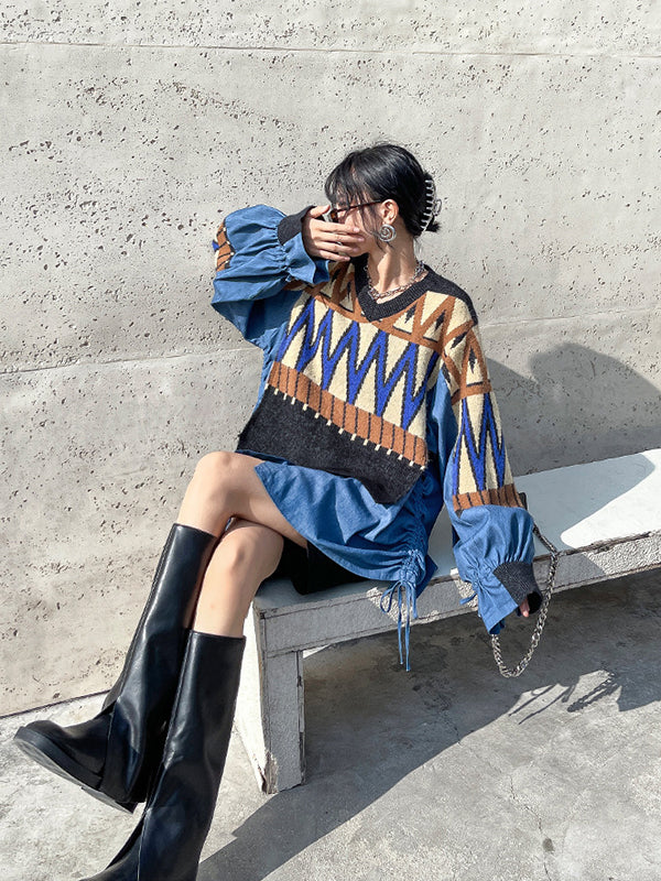 Urban Loose Splicing Denim Sweatshirt