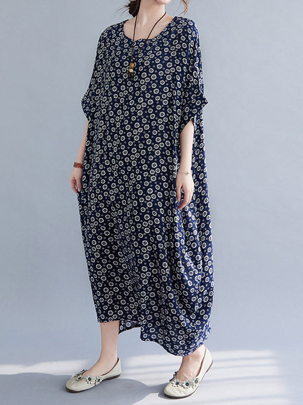 Cocoon-Shaped Floral Print Short-Sleeved Maxi Dress