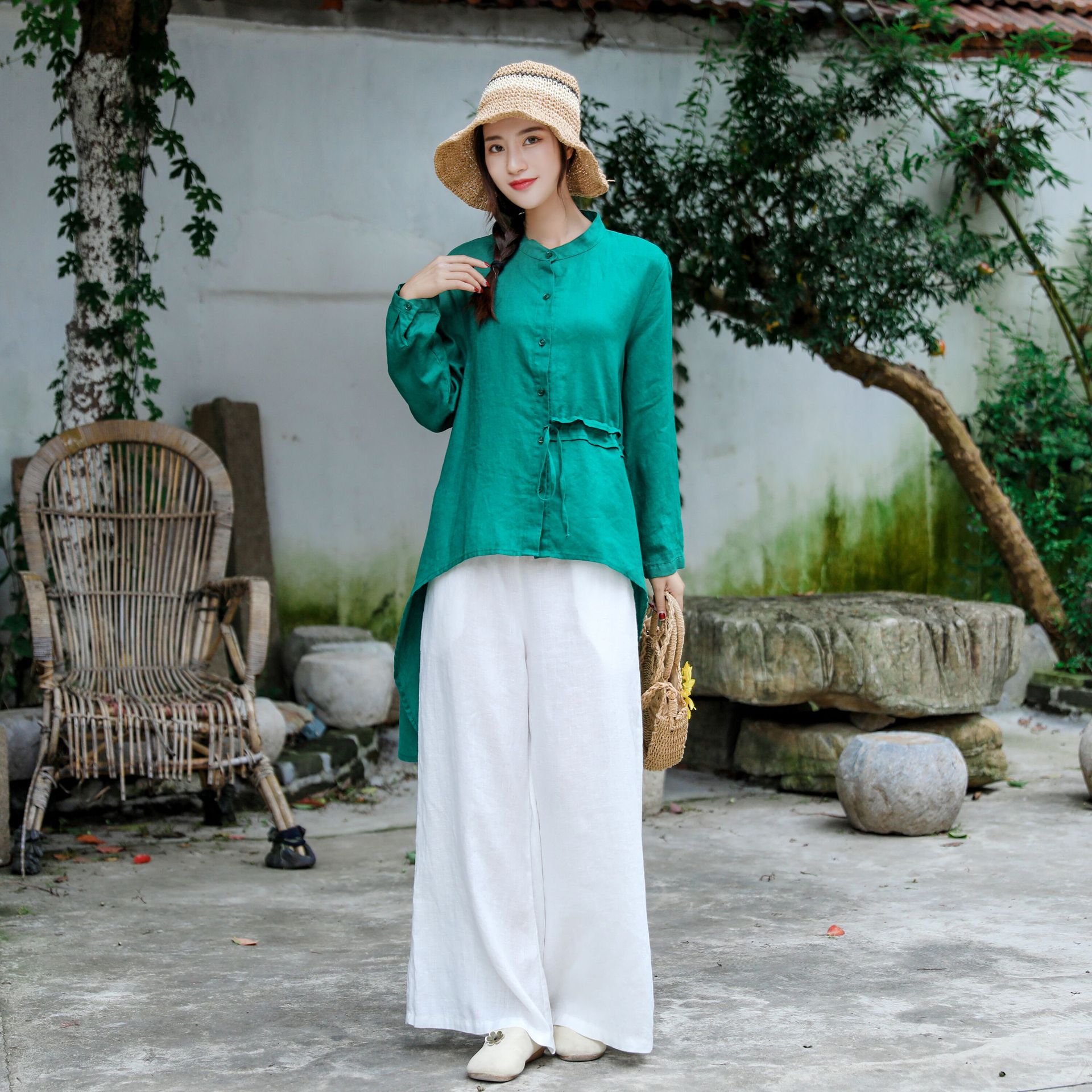 Linen Solid Cropped Long Sleeves Blouse