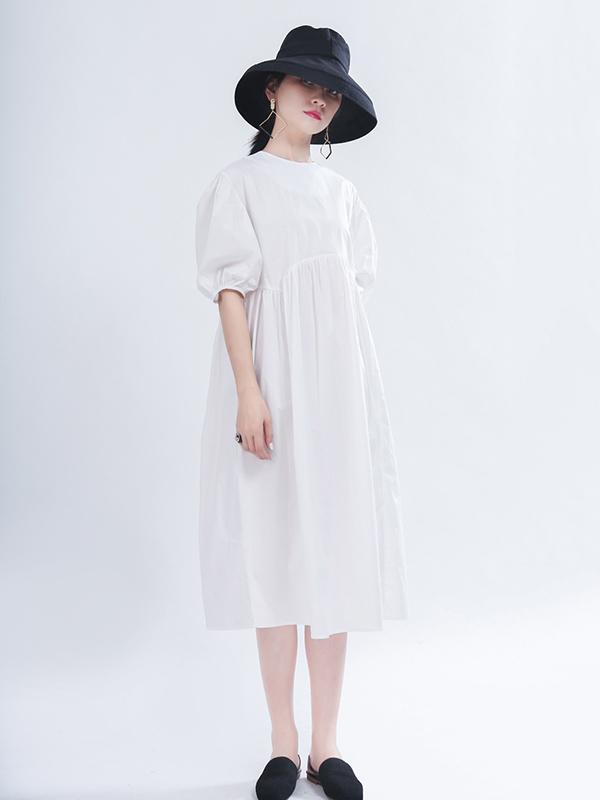 Loose Solid Color Puff Sleeve A-Line Dress