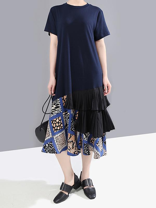 Splicing Cropped Floral Round Neck Dress
