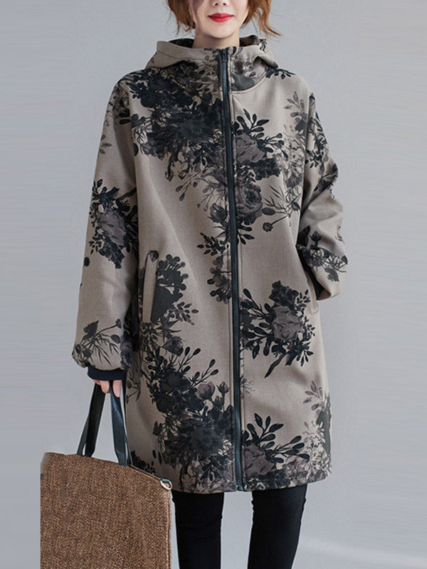 Artistic Retro Loose Floral Printed Hooded Long Sleeves Outwear