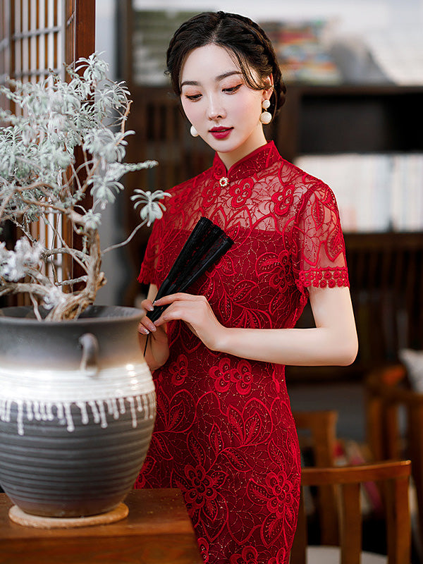 Sequin Hollowed Out Round Lapel Slim Fit Cheongsam With Low Slit Midi Dress