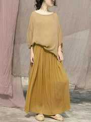 Ginger Yellow Elastic Waist Ice Silk Pleated Skirt