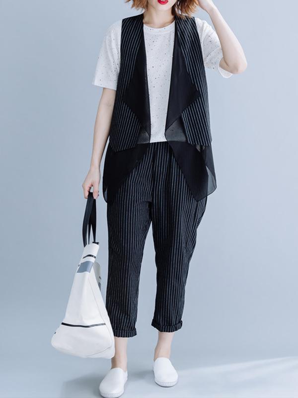 Two-Pieces Striped Cropped Vest And Harem Pants Suits