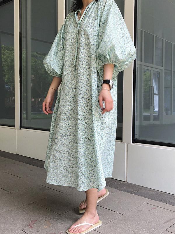 Loose Puff Sleeve Floral Midi Dress