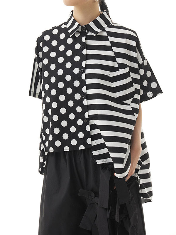 Irregular Clipping Roomy Polka-Dot Split-Joint Striped Lapel Shirts Tops