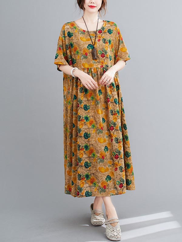 Artistic Retro Floral Round-Neck Dress