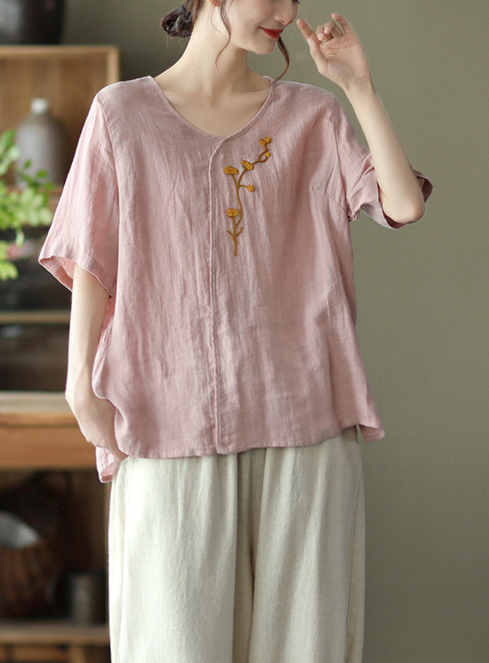 Vintage Embroidered Printed Round Neck Loose Pullover T-Shirt