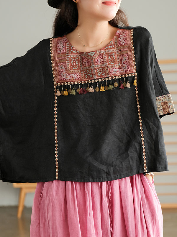 Casual Embroidery Tassel Short Sleeves T-Shirt