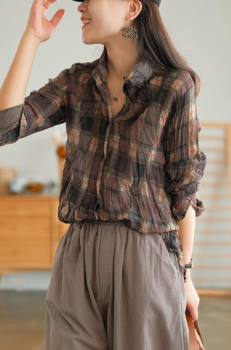 Retro Plaid Long Sleeve Blouse