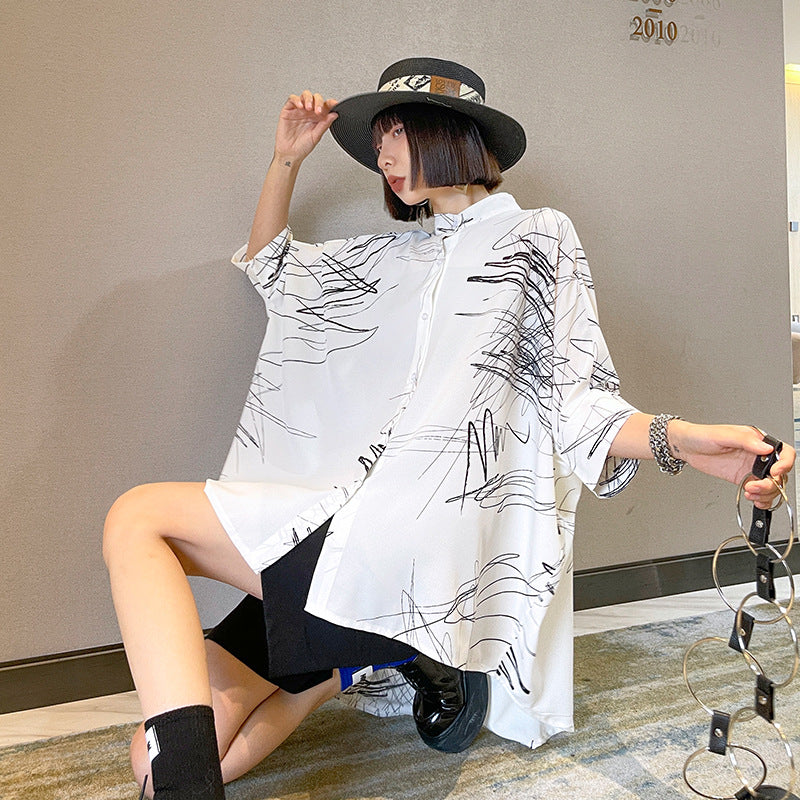 Loose Abstract Printed Irregular Stand-Collar Blouse