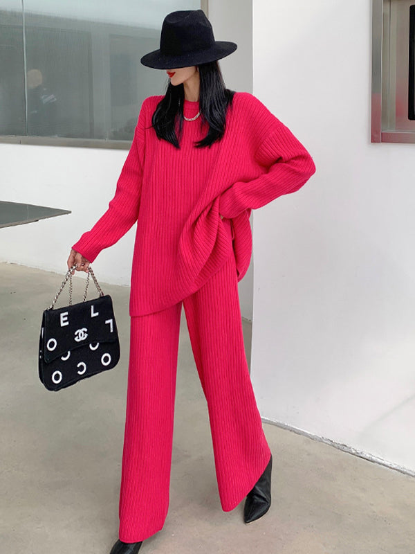 Simple Solid Color Sweater And Trousers Two-Piece Set