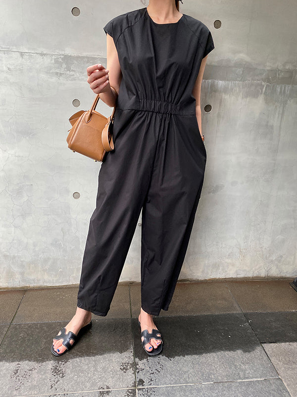 Loose Solid Color Waist Sleeveless Jumpsuit