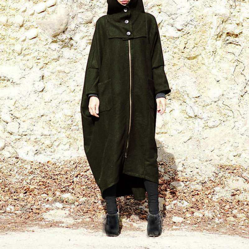 Solid Color Hooded Zipper Mid-Length Loose Outwear