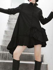 Women Stand Collar Pleated Long Sleeve Shirtdress