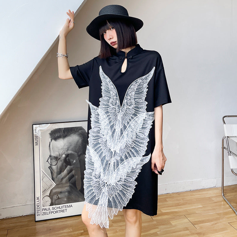 Loose Wing Embroidery Stitching Midi Dress