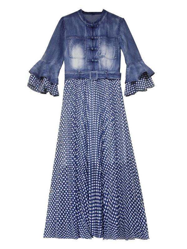 Polka-Dot Stitching Jean Flare Midi Dress