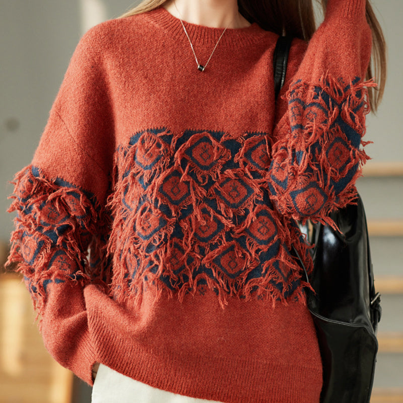 Vintage Jacquard Tassel Round Neck Knitted Loose Sweater