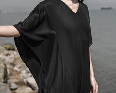 Women V-Neck Asymmetrical Loose Pleated Casual Dress