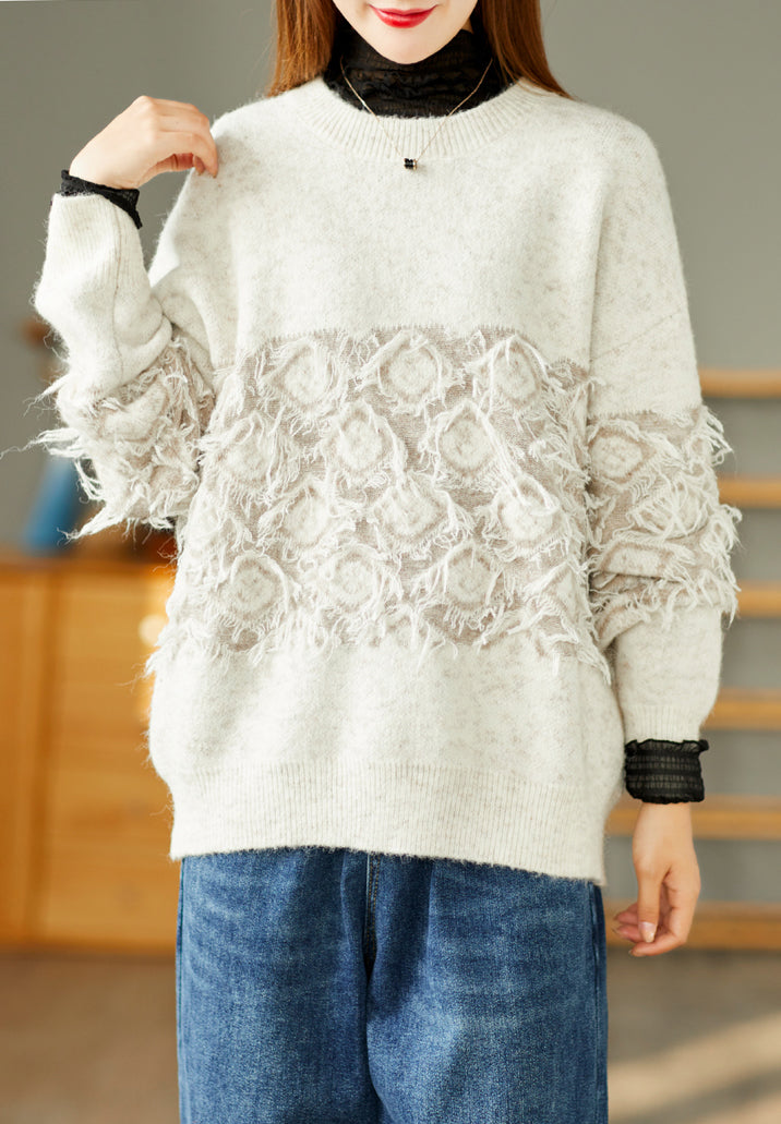 Vintage Jacquard Tassel Round Neck Knitted Loose Sweater