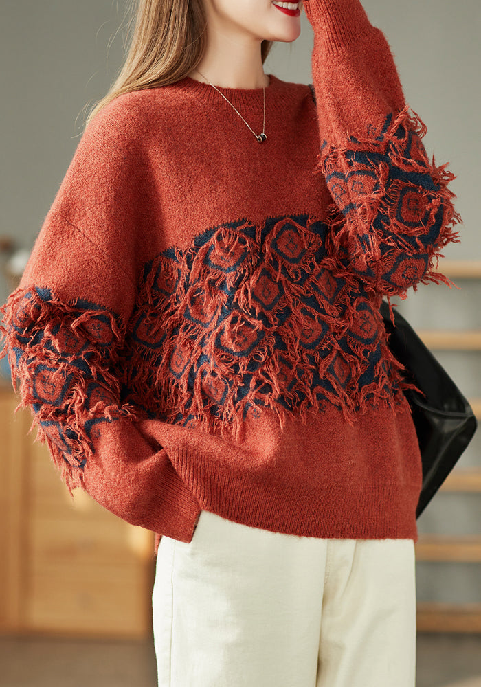 Vintage Jacquard Tassel Round Neck Knitted Loose Sweater