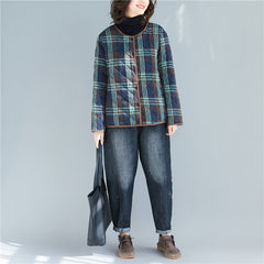 Women Retro Round Neck Plaid Print Coat