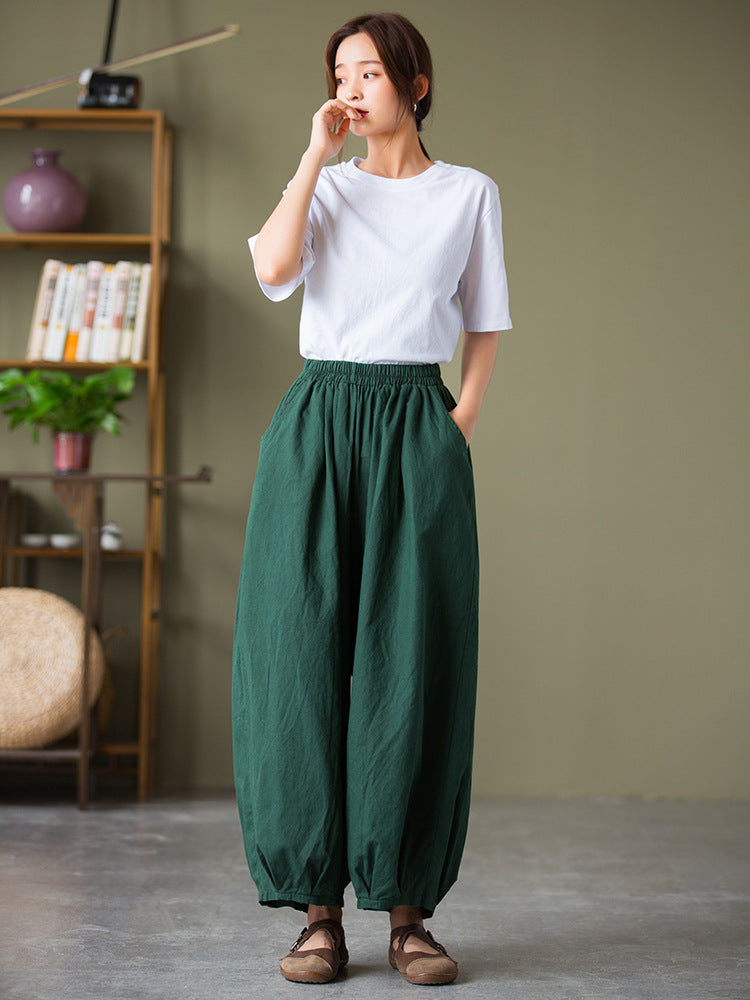 Solid Color Elastic Waist Loose Casual Pants