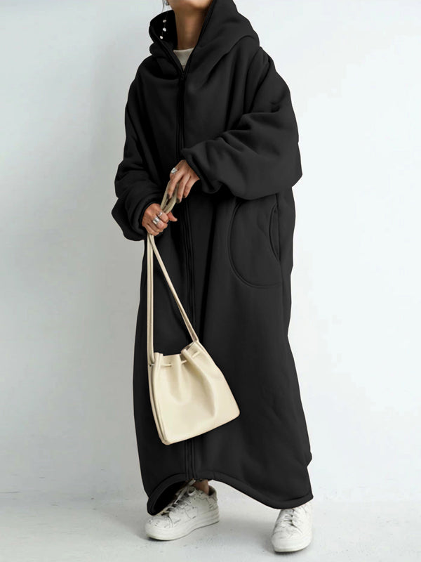 Urban Hooded Solid Color Zipper Batwing Sleeve Long Outerwear