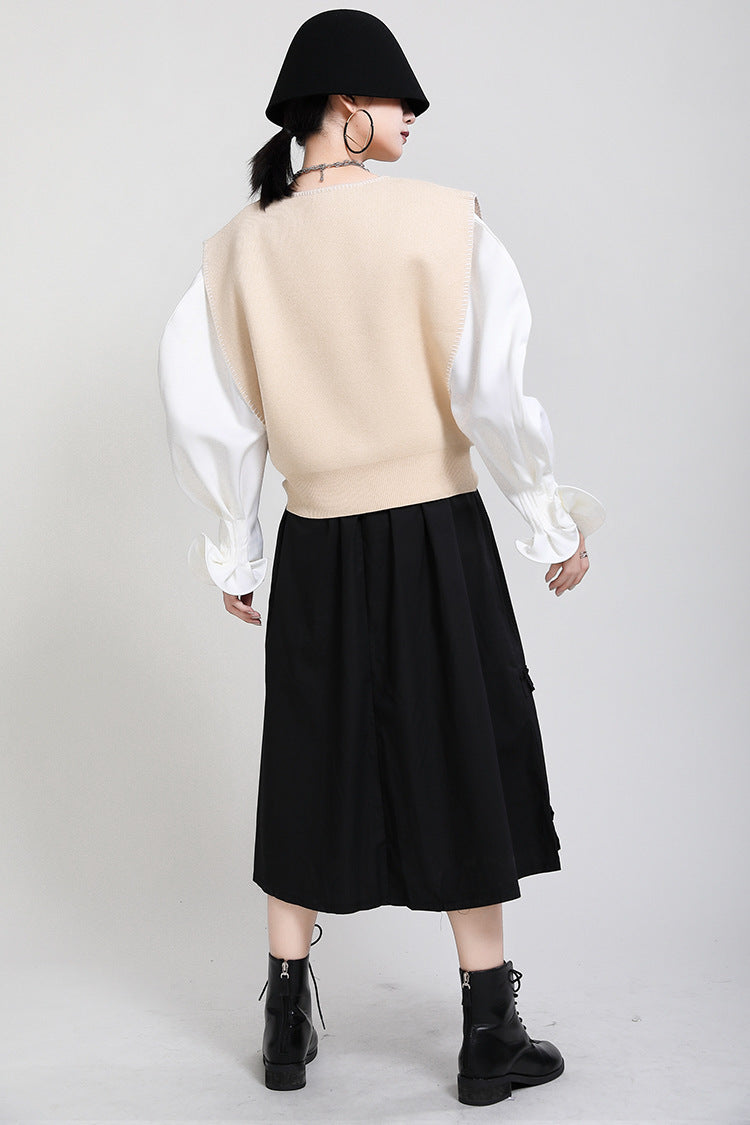 Retro Color Contrast Design Knitted Loose Waistcoat