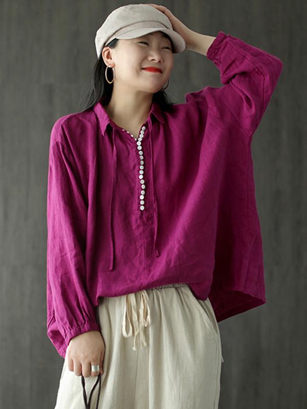 Loose Solid Color Lace-Up Multi-Button Shirt