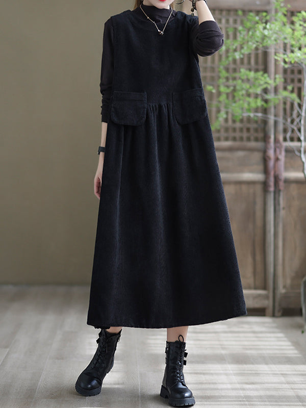 Round Neck Solid Loose Corduroy Midi Dress