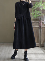 Round Neck Solid Loose Corduroy Midi Dress