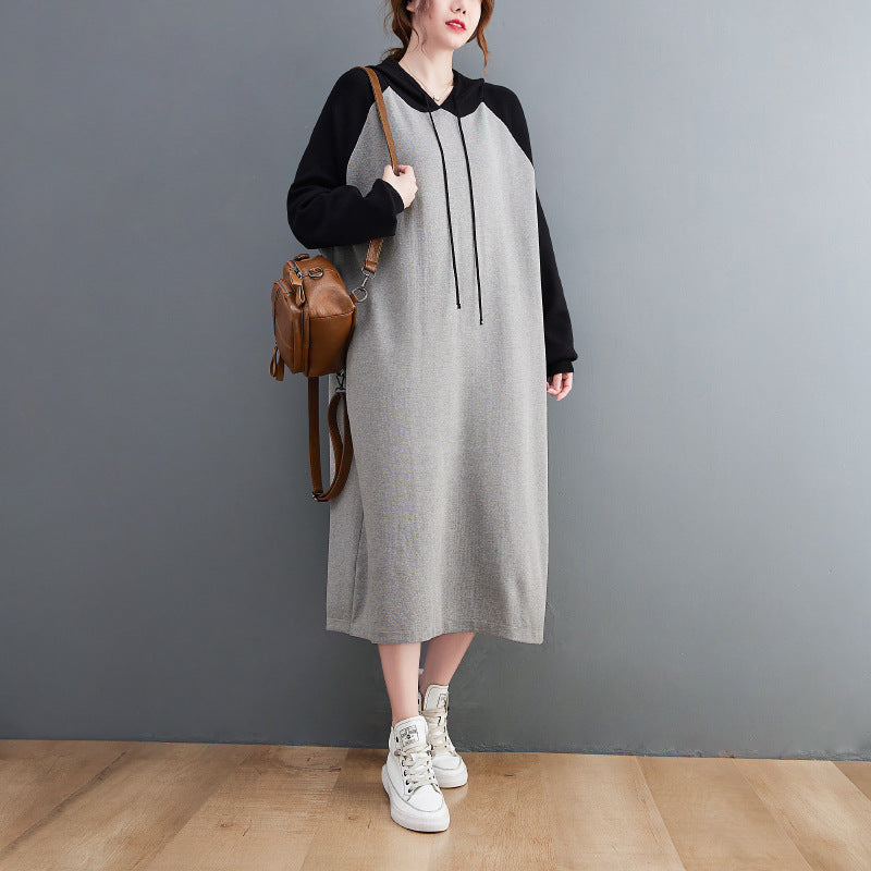 Retro Loose Color-Block Hooded Midi Dress