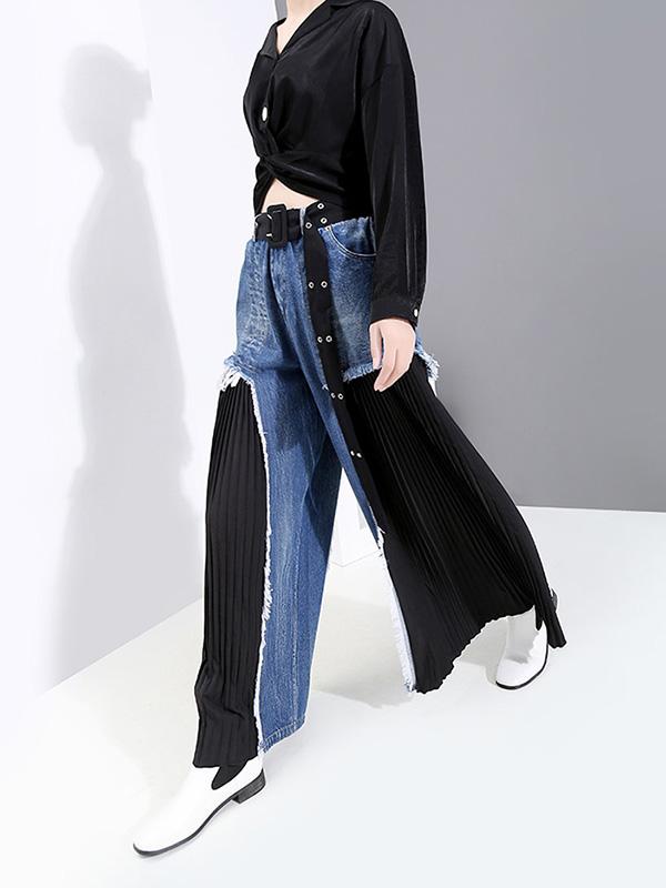 Loose Split-joint Pleated Jean Pants