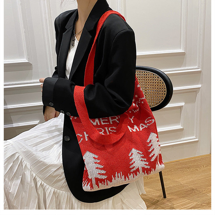 Chrismas Printed Knitted Shoulder Bag