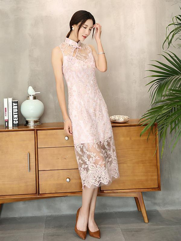 Pink Lace Embroidered Long Cheongsam