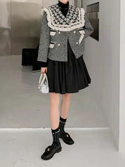 Retro Houndstooth Embroidered Lace Collar Outwear