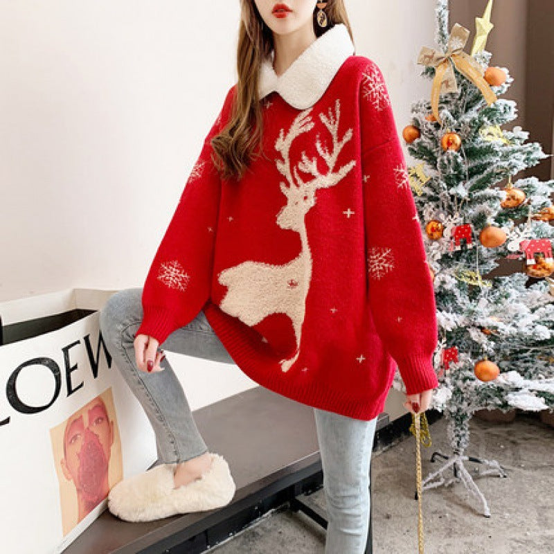 Christmas Elk Jacquard Lapel Collar Sweater