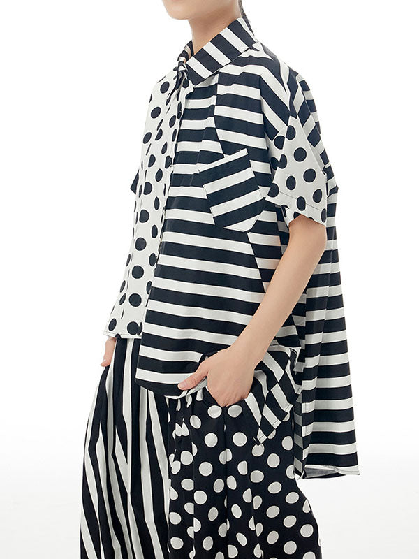 Irregular Clipping Roomy Polka-Dot Split-Joint Striped Lapel Shirts Tops