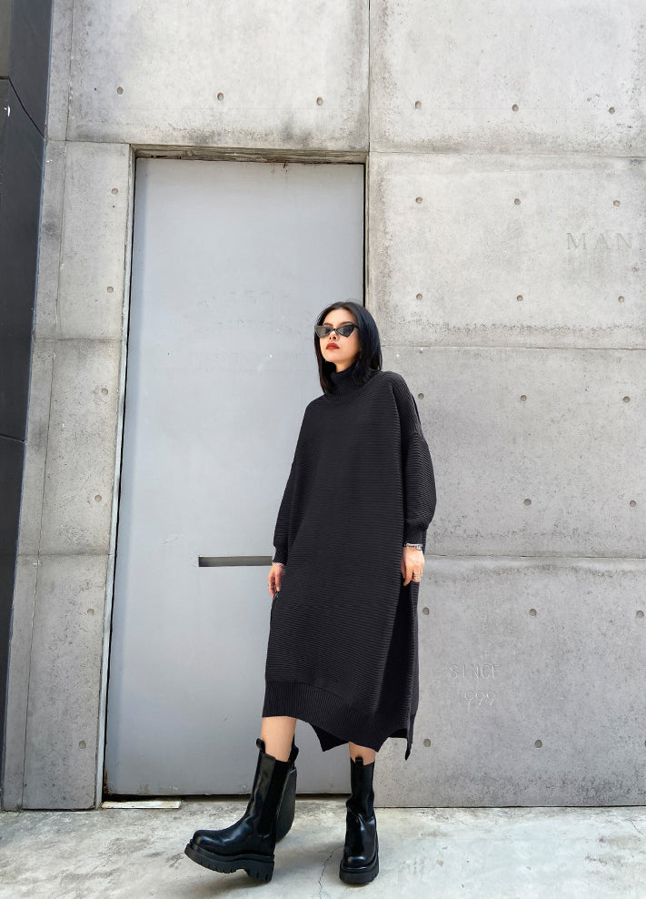 Long Sleeve Loose Sweater Dress With Irregular Splits