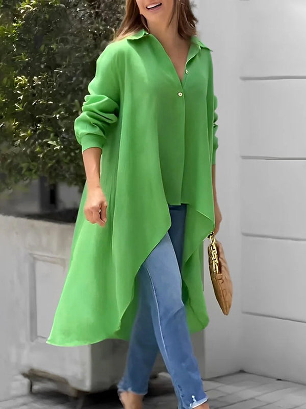 High-Low Long Sleeves Buttoned Solid Color Lapel Collar Blouses&Shirts Tops