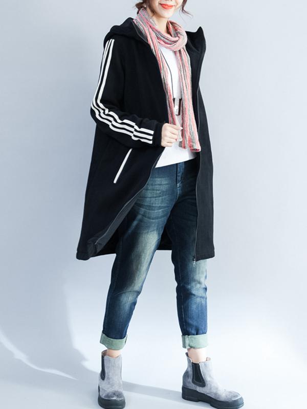 Loose Zipper Stripes Hoodie Long Coat