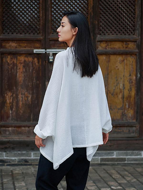 Vintage Solid Color Loose Button Bat Sleeve T-Shirt