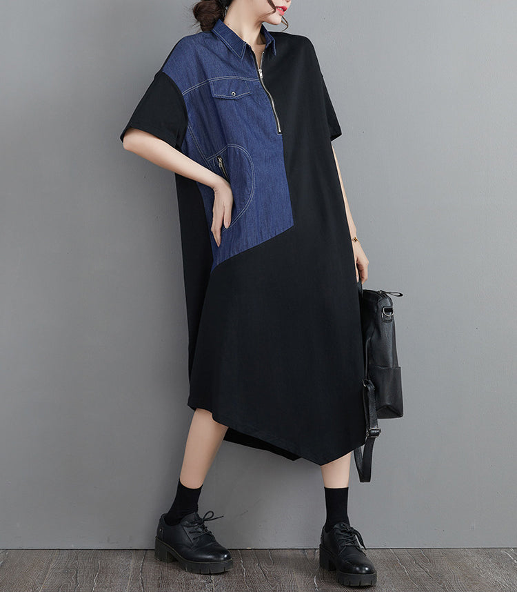 Irregular Stitching Pocket Zipper Shirt Dress