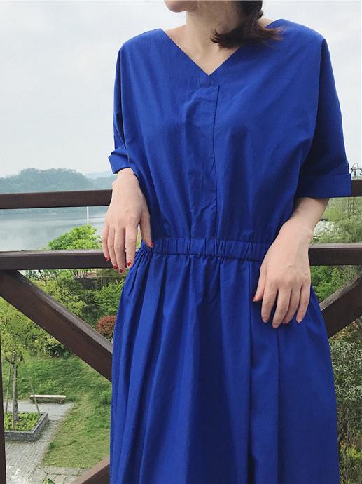 Loose Solid V-neck Short Sleeves Dress