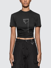 Letter Embroidered Chain Pleated T-Shirt