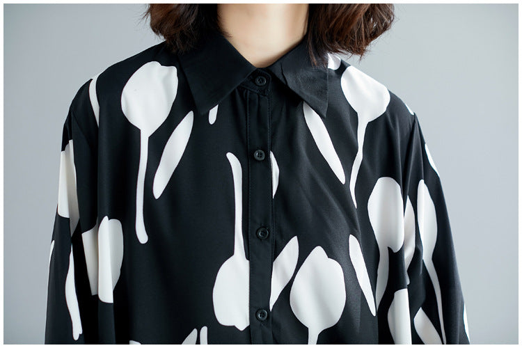 Printed Ruffle Shirt Midi Dress