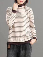 Vintage False-two Split-joint High-neck Striped Sweater