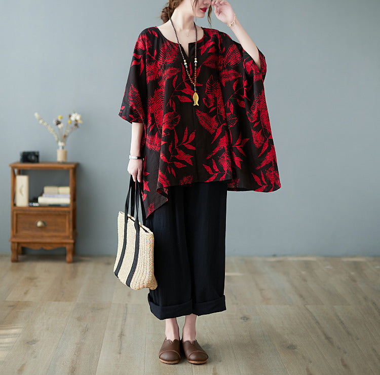 Retro Printed Loose Mid-Length Shirt Top